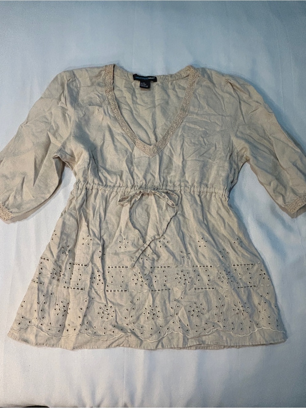 Saint Tropez West Women's M 100% Linen Top Ivory Short Sleeve Eyelet/Lace Tie